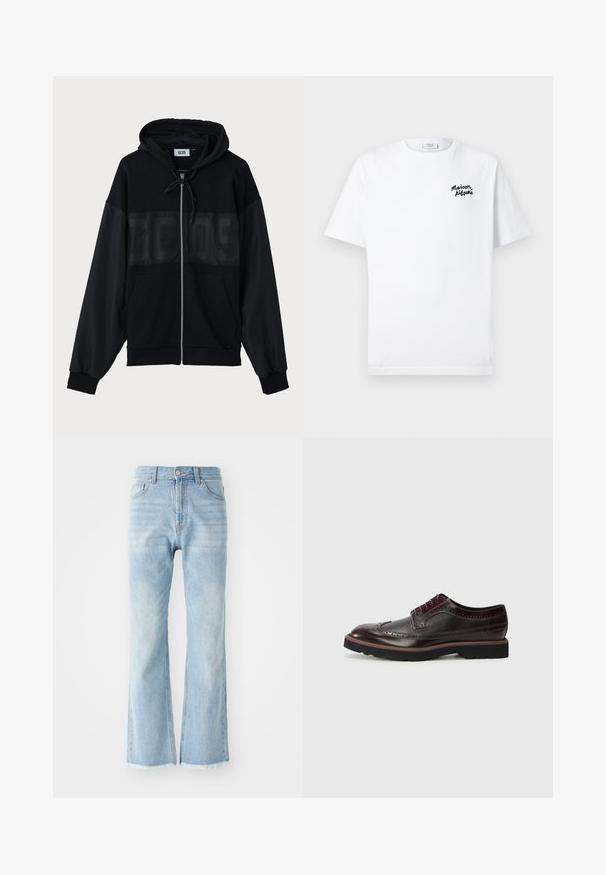 Črna zadrga bombažna jopica s teksturiranim zgornjim delom, kapuco, sprednjimi žepi in elastičnimi manšetami. Značilnost je tonalen logotip čez prsi.; Bela bombažna majica s kratkimi rokavi in okroglim izrezom. Ima črn vezen znak na levem prsnem delu. Gladka tekstura.; Svijetloplavi traperice s visokim strukom, širokim krojem i rastrganim rubom. Imaju klasičan dizajn s pet džepova i vidljive akcentne šavove.; Rjavi usnjeni brogovi z perforiranimi detajli, zaobljenim nosom, tekstilnimi akcenti in črnim gumijastim podplatom z obrobo v barvi.