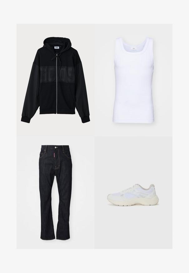 Sudadera con cremallera negra, con un panel superior texturizado, capucha, bolsillos frontales y puños elásticos. Presenta un logo tonal en el pecho.; Camiseta sin mangas de algodón blanca con escote redondo, que presenta una textura suave y una forma ajustada, diseñada para el uso casual.; Jeans de pierna recta azules oscuros con costuras amarillas, botón frontal, cremallera y etiqueta roja en el borde del bolsillo derecho.; Zapatillas deportivas blancas hechas de malla y ante, con una entresuela texturizada, acentos texturizados y el logo "HUGO" en el lateral.