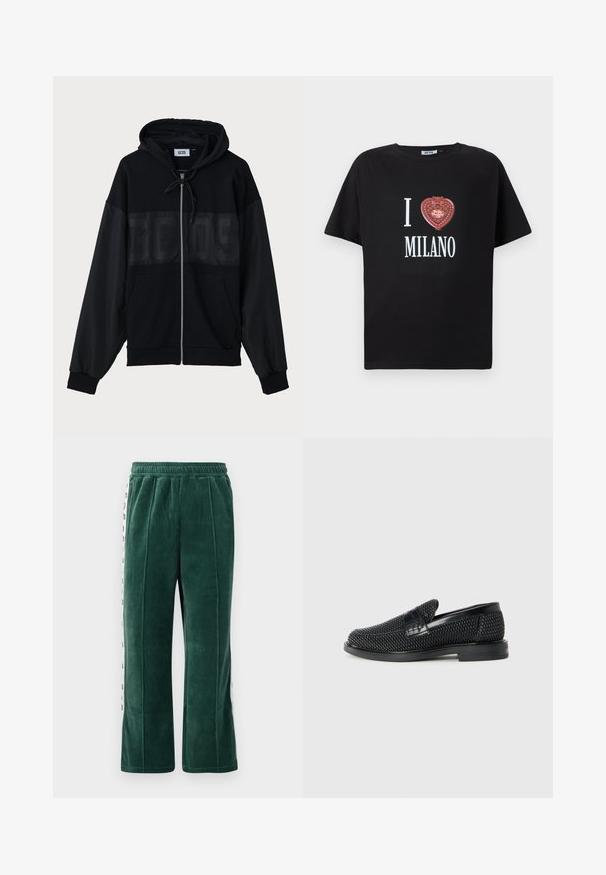 Čierna mikina s kapucňou na zips, s textúrovanou hornou časťou, kapucňou, prednými vreckami a elastickými manžetami. Obsahuje tónové logo na hrudi.; Čierne bavlnené tričko s krátkymi rukávmi, na ktorom je červený dizajn v tvare srdca, pričom obsahuje text "I ❤️ MILANO" a "Polly Pocket".; Tmavozelené velúrové tepláky s elastickým pásom, s vertikálnymi švami a bielymi bočnými panelmi s čiernym textom. Priamy strih.; Čierne tkané slip-on topánky s hladkým koženým akcentom na vrchnej časti, s okrúlym dizajnom špičky a nízkoprofilovou gumovou podrážkou.