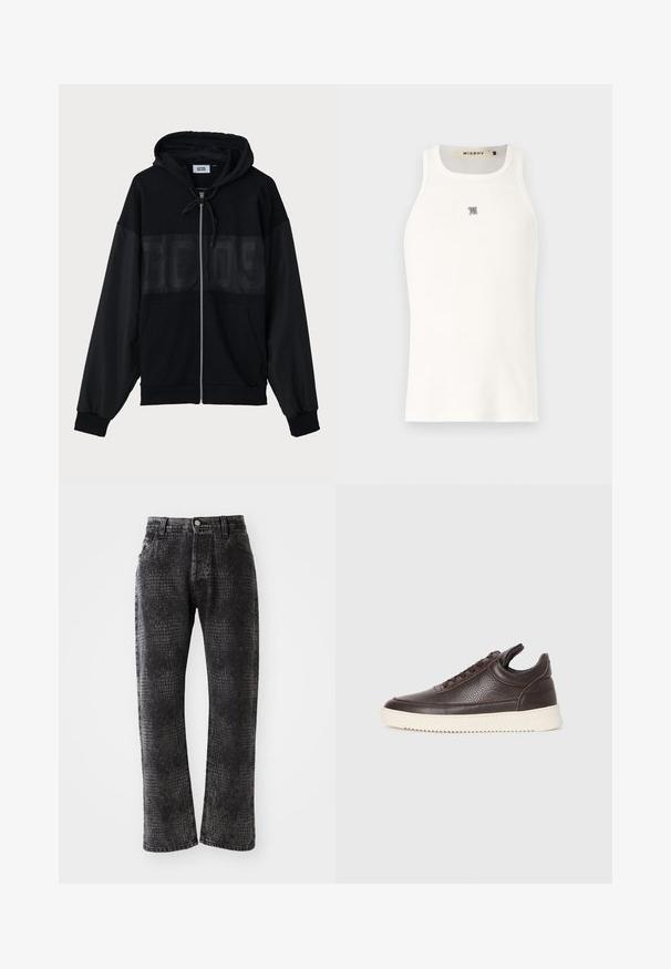 Must mustaga koos tekstureeritud ülemise paneeliga, kapuuts, eesmine taskud ja elastsed varrukad. Omab tonalset logo rinnal.; Valge ilma varrukate ja ribatootest valmistatud tank top, millel on rinna peal väike hall logo. Lihtne disain koos ümarate krae. ; Mustad teksad krokodillimustriga, sirge jala disainiga, viie taskuga, metallnupp ja tõmblukk.; Tumepruun tekstureeritud nahast sportking, millel on nööpidega esiosa ja valge soonikuga kummitald, heledal ühtlasel taustal.