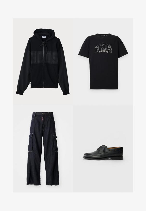 Černá zipová mikina s texturovanou horní částí, kapucí, předními kapsami a elastickými manžetami. Na hrudi má tonální logo.; Černé bavlněné tričko s krátkým rukávem. Obsahuje bílé logo GCDS a text "MILANO ITALY 1988" v oblouku. Standardní střih a kulatý výstřih.; Tmavě modré džíny cargo s širokými nohavicemi, obsahující velké boční kapsy a přední zapínání na knoflík. Těžký materiál, akcenty žlutého prošívání.; Černá kožená bota s texturovaným povrchem, kulatou špičkou a designem s dvěma průvleky na šněrování. Má plochou podrážku a minimalistické logo na boku.