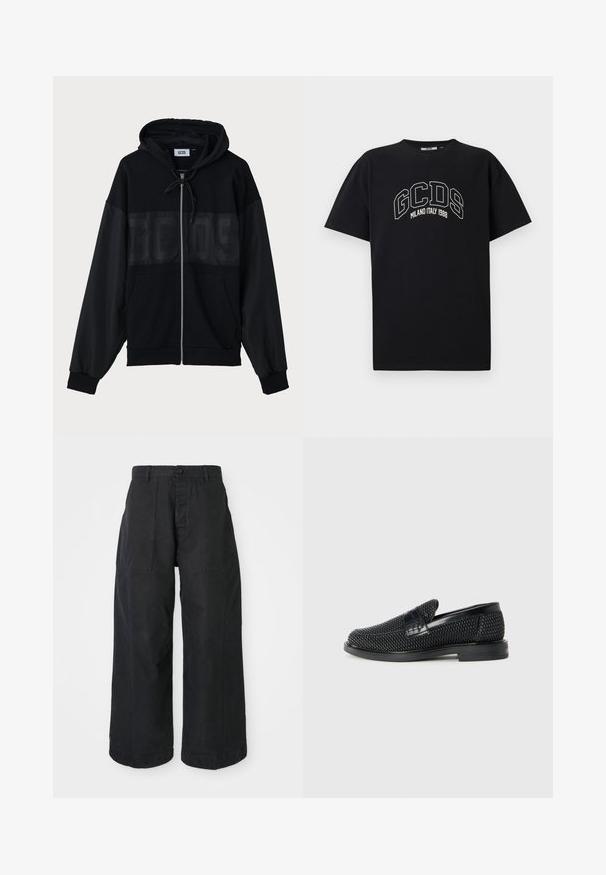 Black zip-up hoodie with a textured upper panel, hood, front pockets, and elastic cuffs. Features a tonal logo across the chest.; Black cotton t-shirt with short sleeves. Features white GCDS logo and "MILANO ITALY 1988" text in an arch. Standard fit and crew neck.; Black wide-leg trousers made of canvas material with a button closure, featuring two front pockets and a relaxed fit.; Black woven slip-on shoe with a smooth leather accent on the upper, a round toe design, and a low-profile rubber sole.