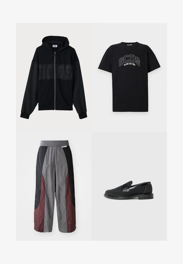 Haut à zip noir avec un panneau supérieur texturé, capuche, poches avant et poignets élastiques. Présente un logo ton sur ton sur la poitrine.; T-shirt en coton noir à manches courtes. Présente un logo GCDS blanc et le texte "MILANO ITALY 1988" en arc. Coupe standard et col rond.; Pantalons à large jambe en tissu léger, présentant un design en blocs de couleur noir, gris et bordeaux avec une taille élastique.; Chaussure slip-on tissée noire avec un accent en cuir lisse sur le dessus, un design à bout rond et une semelle en caoutchouc à profil bas.