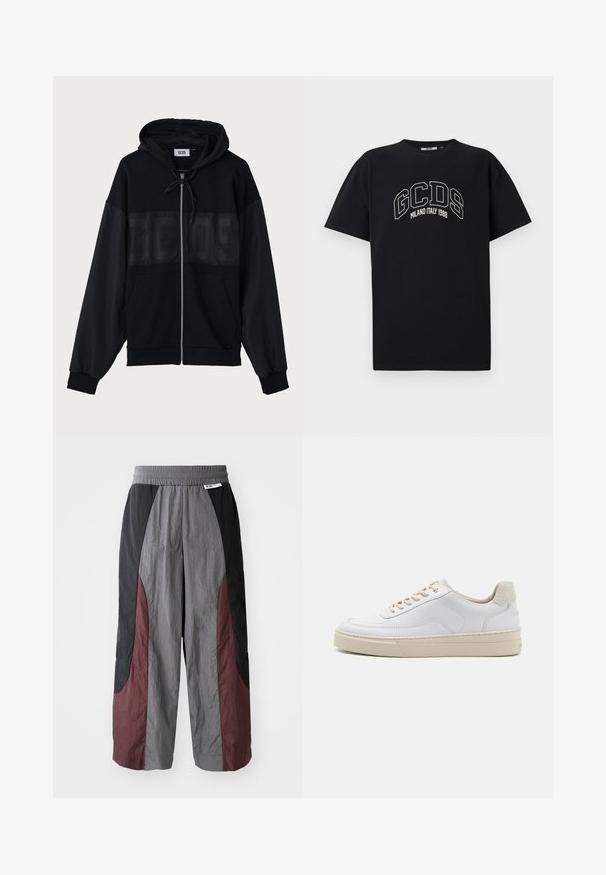 Black zip-up hoodie with a textured upper panel, hood, front pockets, and elastic cuffs. Features a tonal logo across the chest.; Black cotton t-shirt with short sleeves. Features white GCDS logo and "MILANO ITALY 1988" text in an arch. Standard fit and crew neck.; Wide-leg pants made of lightweight fabric, featuring a color-block design in black, gray, and burgundy with an elastic waistband.; White sneaker featuring a smooth leather upper, beige laces, and a textured beige suede heel tab. Elevated sole for added height.