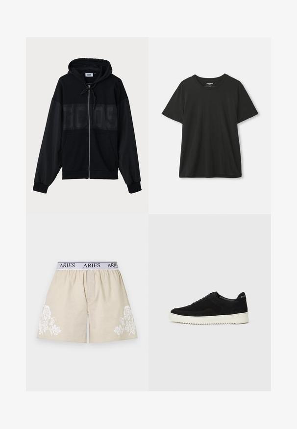 Black zip-up hoodie with a textured upper panel, hood, front pockets, and elastic cuffs. Features a tonal logo across the chest.; Black short-sleeve crew neck T-shirt hanging against a plain white background, label visible inside collar.; Beige cotton shorts with white floral embroidery on one side. Elastic waistband with "ARIES" printed in black on white band.; Black suede sneaker with lace-up design and contrasting white rubber sole. Features textured side panels and subtle branding on the heel.