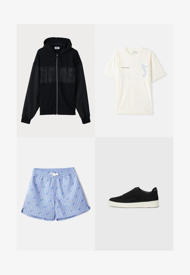 Crna zip-up dukserica s teksturiranim gornjim panelom, kapuljačom, prednjim džepovima i elastičnim manžetama. Sadrži toniranu oznaku preko prsnog dijela.; Bijela pamučna majica s kratkim rukavima, s natpisom "Ujedinjeni ritmom" u crnoj i plavoj grafici na prsima. Okrugli izrez.; Svijetloplave kupaće hlače s vertikalnim bijelim trakama i malim plavim logotipima. Imaju elastičnu traku oko struka s bijelim vezicom i bočne proreze.; Crne nubuk tenisice s vezanjem i kontrastnom bijelom gumenom potplatom. Imaju teksturirane bočne panele i suptilno brendiranje na peti.