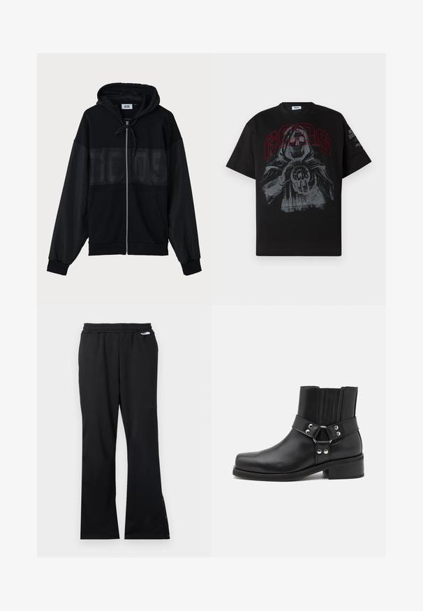 Juodas zip-up džemperis su tekstūruoto viršutinio skydelio, gaubtu, priekinėmis kišenėmis ir elastinėmis rankovėmis. Yra toninis logotipas krūtinės srityje.; Juodas medvilninis marškinėliai su dideliu grafiniu atspaudu, vaizduojančiu gaubtuotą figūrą, laikantį kamuolį su užrašu "GCDS" raudonai, trumpomis rankovėmis ir apvaliu iškirpimu.; Juodos sportinės kelnės su tekstūruotu audiniu, elastinga juosmens juosta ir mygtukais ties kulkšnimis, leidžiančiais reguliuoti prigludimą. Lygus priekis ir tiesios kojos.; The Kooples CHAUSSURES - Kaubojiški / motociklininko stiliaus aulinukai - black