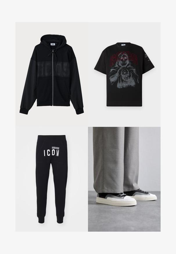 Black zip-up hoodie with a textured upper panel, hood, front pockets, and elastic cuffs. Features a tonal logo across the chest.; Black cotton t-shirt featuring a large graphic print of a hooded figure holding a ball with "GCDS" in red, short sleeves, and a crew neckline.; Black sweatpants featuring a soft texture, tapered legs, and pockets. The back displays "DSQUARED2 ICON" in bold white letters.; Filling Pieces RIVIERA - Trainers - grey