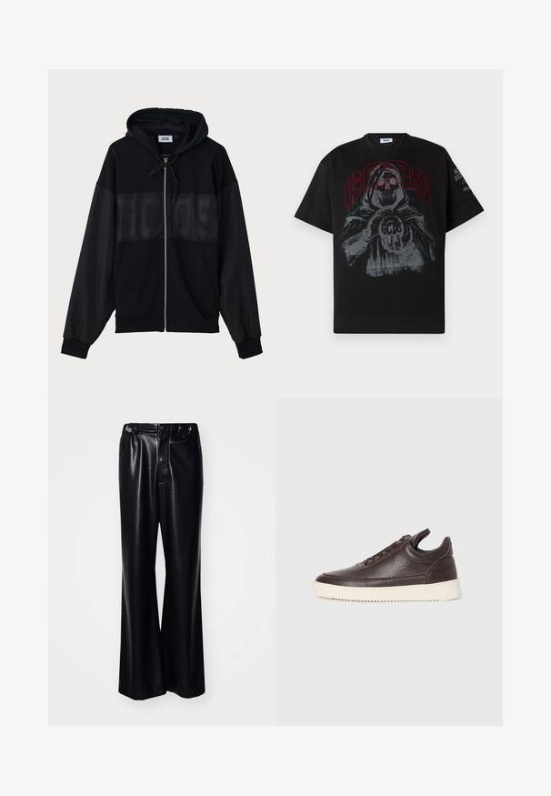Black zip-up hoodie with a textured upper panel, hood, front pockets, and elastic cuffs. Features a tonal logo across the chest.; Black cotton t-shirt featuring a large graphic print of a hooded figure holding a ball with "GCDS" in red, short sleeves, and a crew neckline.; Black faux leather wide-leg trousers with a high waist, front button closure, and subtle sheen finish. Smooth texture, versatile design.; Dark brown textured leather sneaker with lace-up front and white ridged rubber sole on a plain light background.