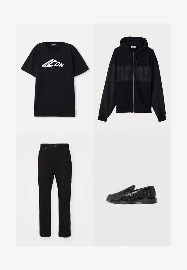 Černá zipová mikina s texturovanou horní částí, kapucí, předními kapsami a elastickými manžetami. Na hrudi má tonální logo.; Černé bavlněné tričko s bílým logem se šikmými tvary a textem, klasickým výstřihem a krátkými rukávy.; Černé bavlněné kalhoty s rovný fit, zapínání na knoflík, design se šesti kapsami a jemnou texturou. Žádné viditelné ozdoby nebo vzory.; Černé pletené nazouvací boty s hladkým koženým akcentem na svršku, kulatou špičkou a nízkoprofilovou gumovou podrážkou.