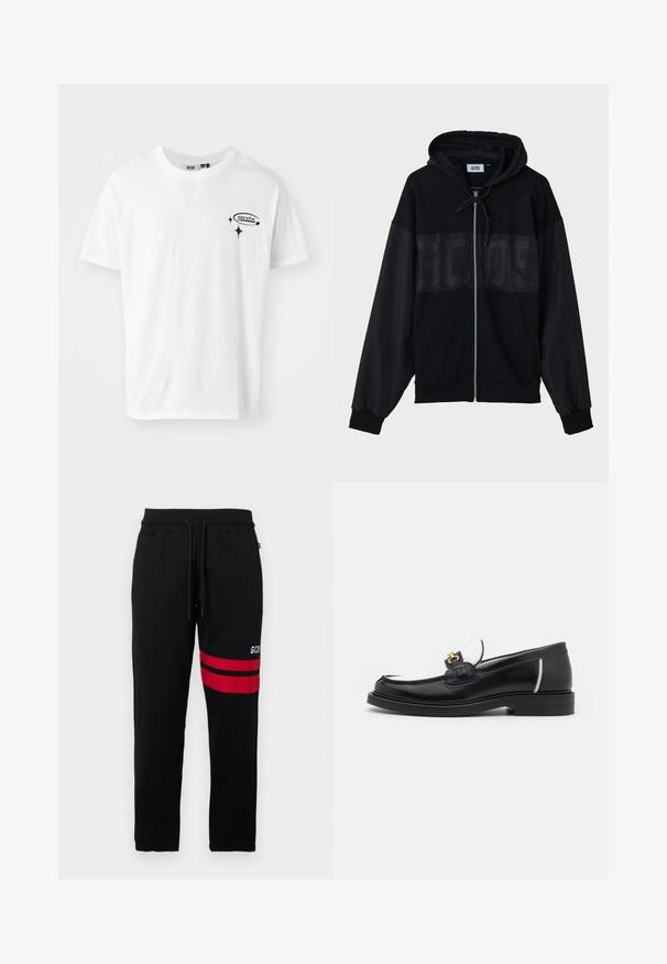 Black zip-up hoodie with a textured upper panel, hood, front pockets, and elastic cuffs. Features a tonal logo across the chest.; White cotton t-shirt with short sleeves, round neckline, and a black printed logo on the left chest area. Smooth texture, casual design.; Black sweatpants with contrast red stripes and logo on the side. Features an elastic waistband with drawstring and tapered ankle cuffs.; Black leather loafer with a rounded toe, white accents, and gold hardware on the vamp. Features a textured patch and stacked heel.