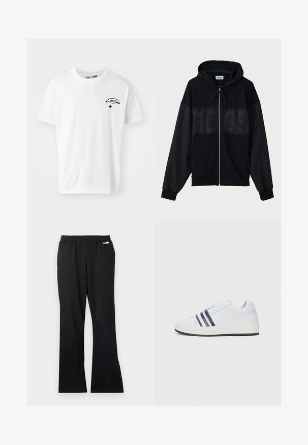 Černá zipová mikina s texturovanou horní částí, kapucí, předními kapsami a elastickými manžetami. Na hrudi má tonální logo.; Bílý bavlněný tričko s krátkým rukávem, kulatým výstřihem a černě tištěným logem na levé straně hrudi. Hladká textura, neformální design.; Černé sportovní kalhoty z texturované látky, s elastickým pasem a knoflíky u kotníků pro nastavitelnou délku. Ploché přední části a rovné nohavice.; Bílé tenisky s námořnickými pruhy, šněrovací design, hladký syntetický materiál, plochá gumová podrážka a jemné texturované detaily na těle boty.