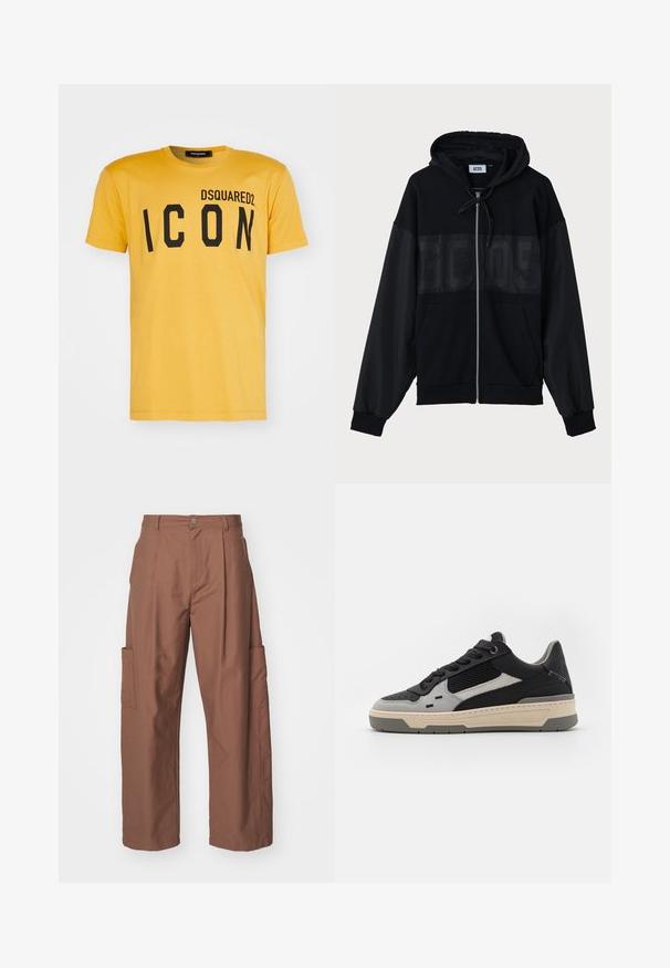 Černá zipová mikina s texturovanou horní částí, kapucí, předními kapsami a elastickými manžetami. Na hrudi má tonální logo.; DSQUARED2 ICON COOL FIT TEE - Triko s potiskem - sunflower; Han Kjøbenhavn TROUSERS - Kalhoty - brown; Tenisky s černými a šedými panely, texturovanou síťovinou, hladkou kůží a krémovou gumovou podrážkou s minimalistickým designem.