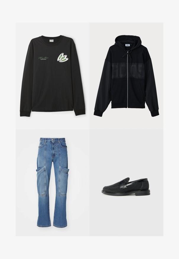 Juodas zip-up džemperis su tekstūruoto viršutinio skydelio, gaubtu, priekinėmis kišenėmis ir elastinėmis rankovėmis. Yra toninis logotipas krūtinės srityje.; Juodas ilgomis rankovėmis t-shirt, pagamintas iš medvilnės, su grafiniu dizainu, vaizduojančiu tris baltas plunksnas su žalios ir raudonos spalvos akcentais kairiajame krūtinės šone.; Šviesiai mėlynos džinsinės cargo kelnės su aukštu liemeniu, daugybe šoninių kišenių ir plačiomis kojomis, su kontrastingais siūlais ir užtrauktuku.; Juodas pintas slip-on tipo batelis su lygiu odiniu akcentu viršuje, apvalios nosies dizainas ir žemas guminis padas.