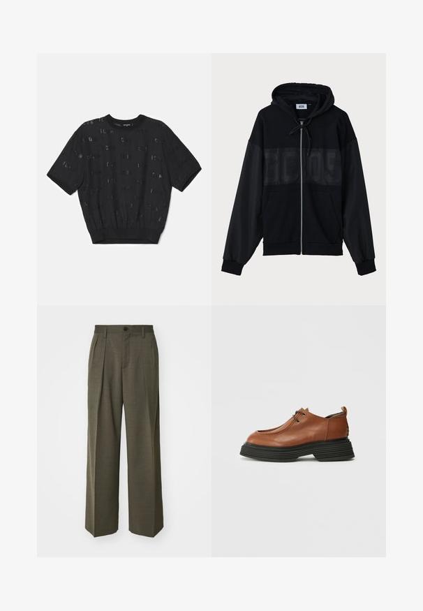 Zwarte zip-up hoodie met een gestructureerd bovenpaneel, capuchon, frontzakken en elastische manchetten. Heeft een tonale logo over de borst.; Zwarte trui met korte mouwen van gestructureerde stof, met een geribde zoom en verspreide, glinsterende letters over het hele lichaam.; Filippa K WIDE TROUSERS - Broek - driftwood; Bruine leren schoen met een ronde neus, vetersluiting en een dikke, zwarte, gelaagde zool. Opvallend door zijn gestructureerde silhouette en textuur.