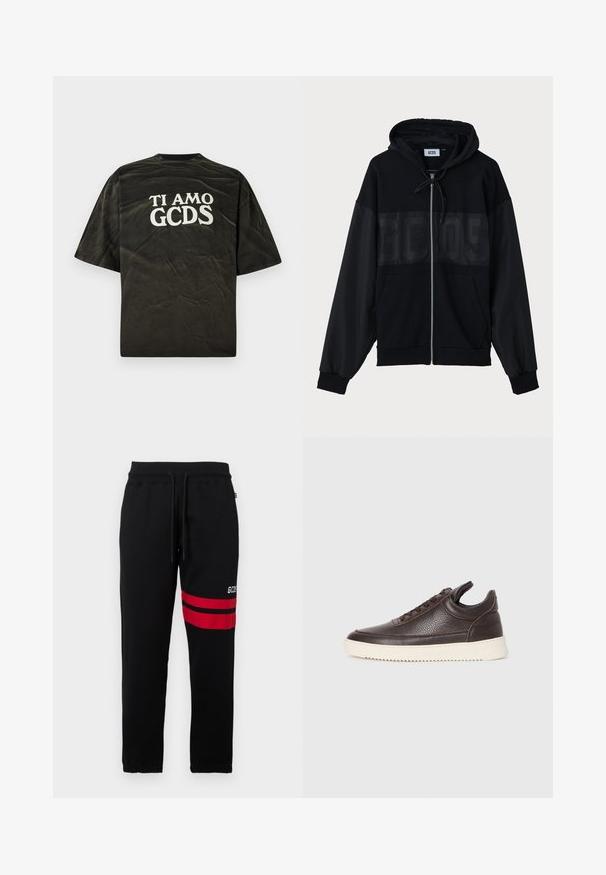 Czarna bluza z zamkiem, z teksturowaną górną częścią, kapturem, kieszeniami z przodu oraz elastycznymi mankietami. Ma tonalne logo na piersi.; Czarna koszulka z krótkim rękawem o luźnym kroju, z białym graficznym napisem "TI AMO GCDS" na plecach. Zniszczona tekstura.; Czarne dresy z kontrastującymi czerwonymi paskami i logo z boku. Posiadają elastyczny pasek w talii z sznurkiem do regulacji oraz zwężane mankiety u kostek.; Ciemnobrązowe, teksturowane skórzane trampki z częścią sznurowaną z przodu i białą, żłobioną gumową podeszwą, na jasnym tle.