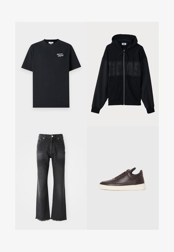 Fleece preto com fecho, com um painel superior texturizado, capuz, bolsos frontais e punhos elásticos. Apresenta um logo tonal no peito.; T-shirt preto de algodão com gola redonda. Apresenta um logotipo da marca em branco, escrito à mão, no lado esquerdo do peito. Mangas curtas, ajuste regular.; Jeans à boca de sino pretos com lavagem média, apresentam uma bainha desfiada, design de cinco bolsos e fecho metálico. Feitos de tecido de denim.; Sapatilha de couro texturado castanho escuro com atacadores à frente e sola de borracha branca estriada sobre um fundo claro.