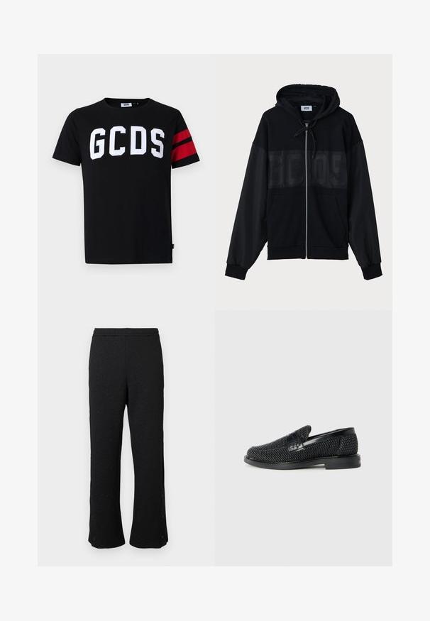 Črna zadrga bombažna jopica s teksturiranim zgornjim delom, kapuco, sprednjimi žepi in elastičnimi manšetami. Značilnost je tonalen logotip čez prsi.; Črna bombažna majica s širokim belim logotipom "GCDS", rdečimi črtami na rokavih, krojenjem s krožnim ovratnikom in standardno prileganjem.; Črne hlače iz teksturiranega materiala z ponavljajočim se vzorcem. Široke hlače, s sklopkami ob stranskem šivu blizu roba.; Črne pletene zavezane čevlje s gladkim usnjenim poudarkom na zgornjem delu, okroglo zasnovo nosu in nizkoprofilsko gumijasto podplat.