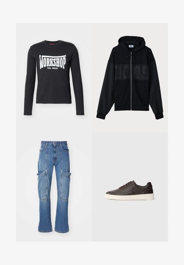 Svart zip-up hettegenser med teksturert øverste panel, hette, frontlommer og elastiske mansjetter. Har en-tonet logo over brystet.; Svart langermet T-skjorte laget av bomull, med et stort hvitt "WORKSHOP 032c BERLIN"-grafikk på forsiden. Glatt tekstur, rund hals.; Denim cargo bukser i lyseblå med høj talje, flere sidelommer og flagrende ben, med kontraststing og lynlås lukning.; Mørkebrune lærersneakers med teksturert finish, rund tå og kontrasterende kremgummisåle. Har snøring og subtile sømdetaljer.
