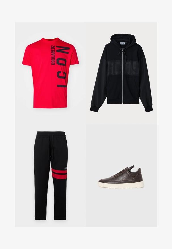 Černá zipová mikina s texturovanou horní částí, kapucí, předními kapsami a elastickými manžetami. Na hrudi má tonální logo.; Červené bavlněné tričko s černým vertikálním textem "DSQUARED2 ICON". Krátké rukávy a kulatý výstřih s hladkou texturou.; Černé tepláky s kontrastními červenými pruhy a logem po straně. Obsahují elastický pas se šňůrkou a zúžené nohavice u kotníků.; Tmavě hnědé texturované kožené tenisky s šněrováním a bílou rýhovanou gumovou podrážkou na jednobarevném světlém pozadí.