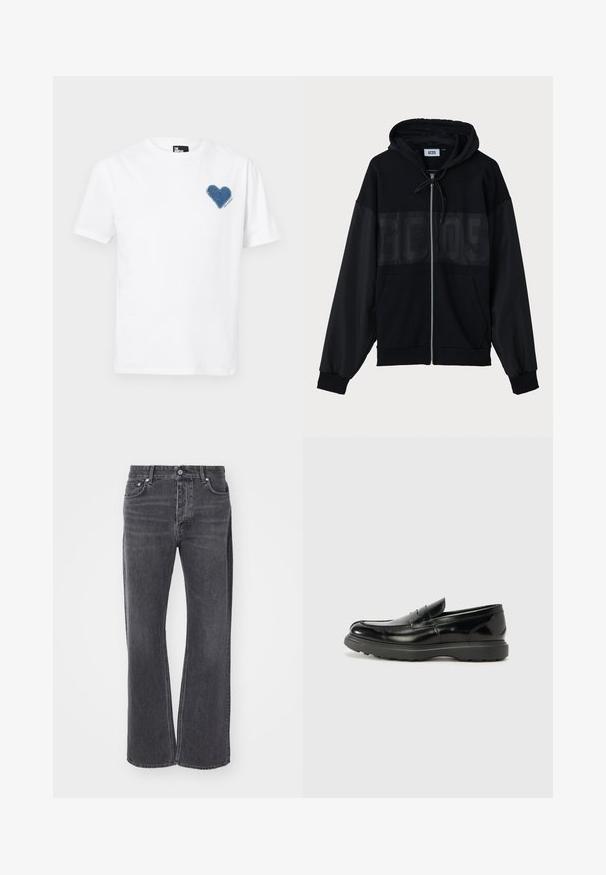 Felpa con zip nera, con un pannello superiore testurizzato, cappuccio, tasche anteriori e polsini elastici. Presenta un logo tono su tono sul petto.; T-shirt in cotone bianco con applicazione a forma di cuore in denim blu sul lato sinistro del petto. Maniche corte e scollo girocollo classico.; Jeans neri a vita alta con un design ampio e morbido. Realizzati in denim, presentano un leggero effetto sbiadito e tasche davanti e dietro.; Mocassino in pelle nera con finitura lucida, punta arrotondata, dettagli di cucitura sottili e suola in gomma spessa per una maggiore durata.