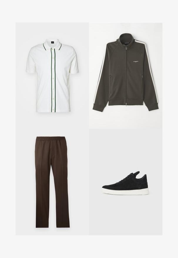 Dunkelolivgrüne Zip-Jacke mit strukturierter Oberfläche, weißen Streifenakzenten an den Ärmeln und zwei seitlichen Reißverschlusstaschen.; Weißes Poloshirt mit kurzen Ärmeln, grüner Besatz am Kragen und der Knopfleiste sowie cremefarbenen Knöpfen, hergestellt aus einem glatten Stoff.; Braune, gerade geschnittene Hosen mit einem elastischen Bund und einer glatten Stoffoberfläche; verfügen über scharfe Faltenlinien an der Vorderseite.; Schwarze Wildleder-Sneaker mit einer weißen Gummisohle, die sich durch elegante Nähte und ein schnürbares Design auszeichnen. Glatte Textur mit einer modernen, stromlinienförmigen Form.