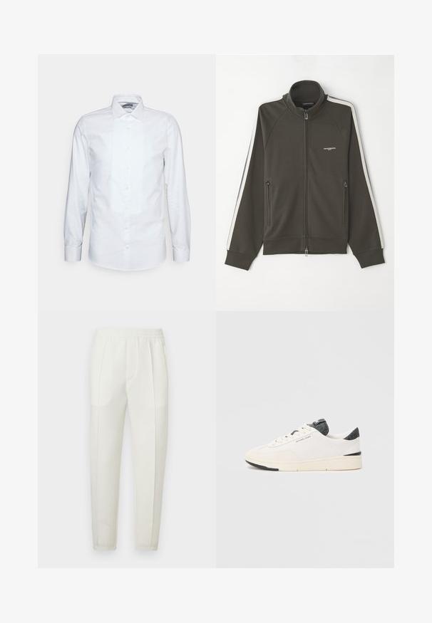 Mörk olivgrön zip-up jacka med en strukturerad yta, vita randiga detaljer längs ärmarna och två sidofickor med dragkedja.; Vit långärmad skjorta i bomull. Har en plisserad framsida, spetsig krage och klassisk knäppning. Slät textur och skräddarsydd passform.; Vita slim-fit byxor med elastisk midjeresår, utrustade med två sidofickor och en slät, lätt glansig yta.; Vit sneaker med perforerade mesh sidor, mjuk mocka tås, mörka texturerade accenter vid häl och tunga, samt en gummisula.