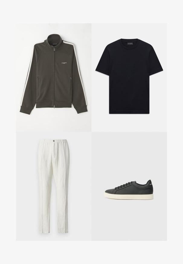 Temno oljčno zelena jakna z zadrgo in teksturirano površino, z belimi črtami na rokavih ter dvema stranskima žepoma z zadrgo.; Črna kratka majica s kratkimi rokavi z okroglim izrezom, z diskretno embosirano logotipno zasnovo, ki je osredotočena na prsih, ter oznako blagovne znamke znotraj ovratnika.; Bela lanena hlače s sproščenim krojem, ki vključujejo pas z vrvico, dva sprednja plisa in ravne noge. Gladka tekstura in minimalističen dizajn.; Črne usnjene superge z nizkim profilom, okroglo špičko in vezalkami; vsebujejo teksturiran gumijast podplat in detajl z logotipom na peti.