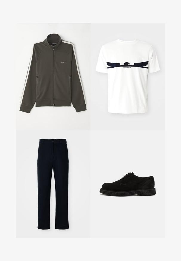 Veste zippée vert olive foncé avec une surface texturée, accents de rayures blanches le long des manches et deux poches zippées sur les côtés.; T-shirt en coton blanc avec un graphique d'aigle bleu marine et le texte "EMPORIO ARMANI" en dessous du design. Manches courtes et col rond.; Pantalon bleu marine en coton, avec une coupe droite, une fermeture à bouton à l'avant et une taille classique avec passants de ceinture.; The Antipode DERBY - Derbies - black