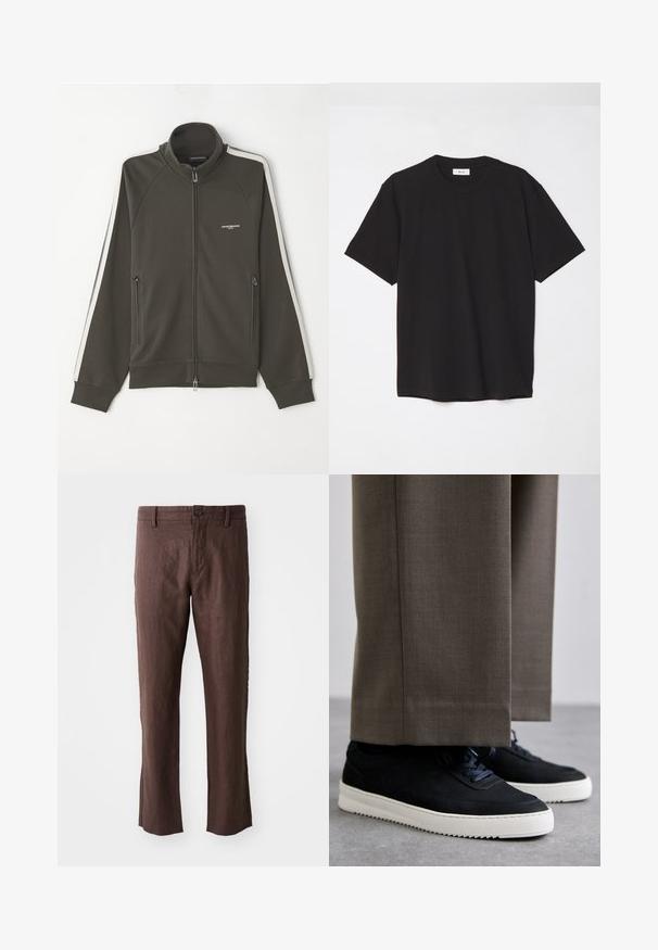 Jachetă cu fermoar de culoare verde măsliniu închis, cu o suprafață texturată, accente albe pe mâneci și două buzunare laterale cu fermoar.; Tricou negru din bumbac, cu guler rotund, mâneci scurte și o croială lejeră. Design simplu, textură netedă și fără modele sau logo-uri vizibile.; Pantaloni din in maro cu o textură netedă, având un croi dreaptă, buzunare frontale, bucle pentru curea și un închideri cu un singur buton la talie.; Tenisi din suede negru cu talpă din cauciuc alb, având vârf rotunjit și șireturi, purtați cu pantaloni gri ajustați.