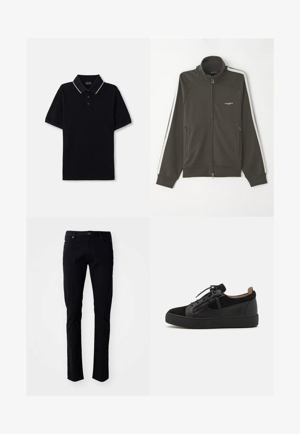 Tamsiai alyvuogių žalia zip-up striukė su tekstūruota paviršiumi, baltos juostos akcentai ant rankovių ir dvi šoninės užtrauktukų kišenės.; Juodas trumpomis rankovėmis polo marškinėliai su tekstūruotu apykakle, apipavidalinta balta juostele ir trimis mygtukais. Prekės ženklas ant apykaklės.; Juodi medvilniniai kelnės su siauru siluetu, su sagų uždarymu, diržo kilpomis, priekinėmis kišenėmis ir lygiu paviršiumi.; Giuseppe Zanotti DOUBLE ZIP - Sportbačiai - black