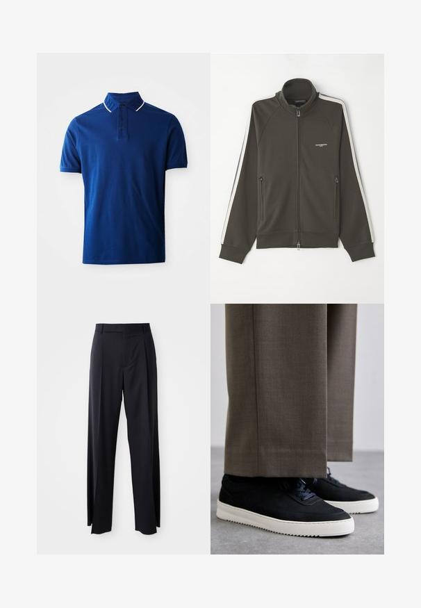 Temno oljčno zelena jakna z zadrgo in teksturirano površino, z belimi črtami na rokavih ter dvema stranskima žepoma z zadrgo.; Moška modra kratkosleeve polo majica s tremi temnimi gumbi in ovratnikom, katerega subtilno embosirano besedilo in bela obroba dopolnjujeta.; Črne hlače visoke pasu s širokimi nogavicami, narejene iz gladkega blaga. Imajo sprednje gube in zanko za pas. Minimalističen dizajn, brez vidnih dodatkov.; Črne nubuk teniske z belimi gumijastimi podplati, ki imajo zaobljen nos in vezalke, oblečene z sivimi krojenimi hlačami.