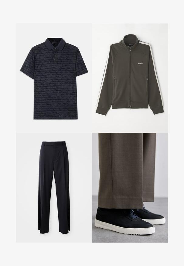 Temno oljčno zelena jakna z zadrgo in teksturirano površino, z belimi črtami na rokavih ter dvema stranskima žepoma z zadrgo.; Mornarsko polo majica s kratkimi rokavi, ki ima teksturiran vzorec skripted besed v temnejšem mornarsko modrem odtenku. Zgornji gumbasti del in kontrastni ovratnik.; Črne hlače visoke pasu s širokimi nogavicami, narejene iz gladkega blaga. Imajo sprednje gube in zanko za pas. Minimalističen dizajn, brez vidnih dodatkov.; Črne nubuk teniske z belimi gumijastimi podplati, ki imajo zaobljen nos in vezalke, oblečene z sivimi krojenimi hlačami.