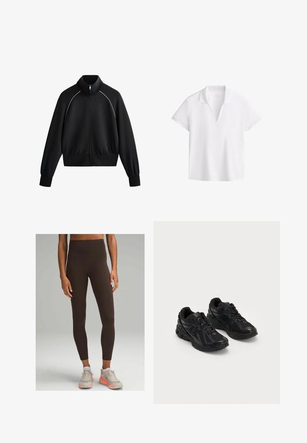 Sort atletisk zip-jakke med høj krave, ribbede manchetter og talje. Har hvid piping langs skuldrene og et glat, tekstureret stof.; Hvid kortærmet polo skjorte med åbent V-halskrave, lavet af glat stof, præsenteret på en hvid baggrund.; lululemon WUNDER TRAIN HIGH-RISE 64CM - Tights - espresso; Sorte atletiske sko lavet af mesh og syntetiske materialer. Har en polstret sål, teksturerede mønstre og præget branding på siden.