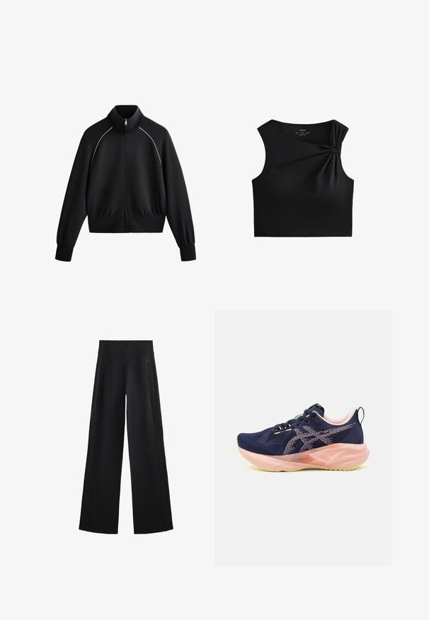 Giacca da uomo nera sportiva con zip e colletto alto, polsini e orlo a coste. Presenta una bordatura bianca sulle spalle e un tessuto liscio e strutturato.; Top corto nero senza maniche con dettaglio annodato sulla spalla, realizzato in un tessuto liscio e elastico con un design aderente.; Pantaloni neri a gamba larga realizzati in un tessuto morbido, dotati di una vita alta e due tasche con zip, con cuciture sottili lungo i lati.; Scarpe da corsa blu navy con tomaia in rete, dettagli rosa e suola verde. Presentano una suola di forma distintiva e un design con lacci.