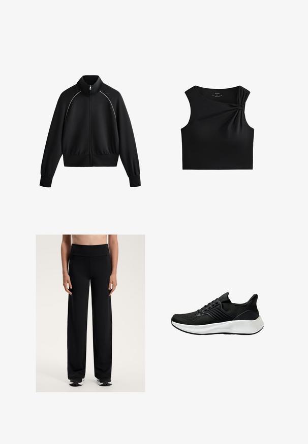 Giacca da uomo nera sportiva con zip e colletto alto, polsini e orlo a coste. Presenta una bordatura bianca sulle spalle e un tessuto liscio e strutturato.; Top corto nero senza maniche con dettaglio annodato sulla spalla, realizzato in un tessuto liscio e elastico con un design aderente.; Pantaloni sportivi neri a gamba larga con vita alta. Realizzati in un tessuto liscio ed elastico, presentano una vestibilità comoda e una trama sottile.; Scarpa atletica nera con tomaia in tessuto testurizzato, sistema di lacci e una suola intermedia bianca. Presenta un profilo basso e un design della suola curvato.