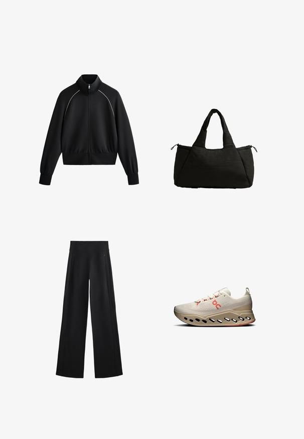 Čierna atletická zipsová bunda s vysokým golierom, rebrovanými manžetami a pásom. Obsahuje biele lemovanie pozdĺž ramien a hladký, textúrovaný materiál.; Biely tričko s krátkym rukávom vyrobené z hladkej tkaniny, s okrúhlym výstrihom a zakriveným spodným okrajom. Nosí sa s bielymi nohavicami.; Široké čierne nohavice vyrobené z mäkkého materiálu, s vysokým pásom a dvoma zipsovými vreckami, so subtílnymi švami po stranách.; Svetlé béžové športové topánky s textúrovaným zvrškom, červenými akcentmi a inovatívnou podrážkou s výrezmi pre priedušnosť a tlmenie.; Čierna taška cez rameno s nadýchavanou textúrou, vybavená dvojicou krátkych uch a bočnou vreckom zaisteným šnúrkou. Jednoduchý, uhlový dizajn.