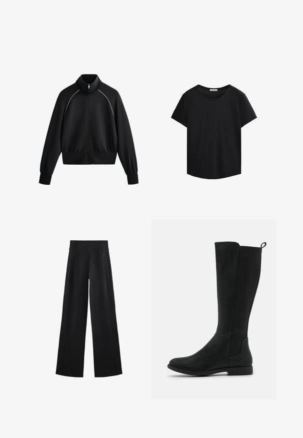 Czarna sportowa kurtka zapinana na zamek z wysokim kołnierzem, ściągaczami w rękawach i w pasie. Posiada białe lamówki na ramionach oraz gładki, teksturowany materiał.; Czarna koszulka z krótkim rękawem, okrągłym dekoltem i perforowanymi detalami z siateczki na ramionach. Gładki materiał, luźny krój, zaokrąglony brzeg.; Szerokie czarne spodnie wykonane z miękkiego materiału, z wysokim stanem i dwoma zapinanymi na zamek kieszeniami, z delikatnymi szwami po bokach.; Czarny, wysokości do kolan, sztuczny skórzany botki z gładką powierzchnią, elastycznymi bocznymi panelami oraz niską, płaską podeszwą dla komfortu.