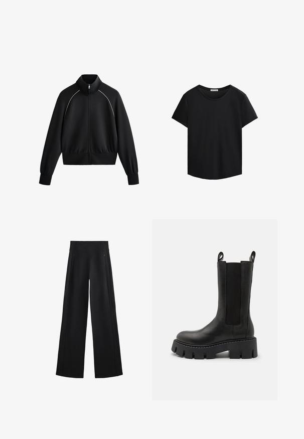 Svart atletisk zip-jacka med hög krage, ribbade ärmslut och midja. Har vit kant längs axlarna och ett slätt, strukturerat tyg.; Svart T-shirt med kort ärm, rund halsringning och perforerade nätdetaljer på axlarna. Slät tyg, avslappnad passform, böjd fåll.; Bredbenta svarta byxor i mjukt tyg, med hög midja och två fickor med dragkedja, samt subtila sömmar längs sidorna.; Svart läderankelboot med elastiska sidopaneler, dragremmar, kraftig mönstrad sula och förstärkta sömmar. Ytan har en slät textur.
