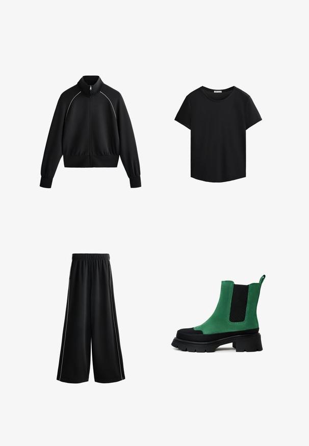 Musta urheilullinen vetoketjullinen takki, jossa on korkea kaulus, resorit hihansuissa ja vyötäröllä. Takissa on valkoista kantta hartioiden kohdalla ja sileä, teksturoitu kangas.; Mustat lyhythihaiset T-paidat, joissa on pyöreä pääntie ja rei'itetty verkko-ominaisuus olkapäillä. Suuri kangas, rento istuvuus, kaareva helma.; Mustat leveälahkeiset housut, joissa on joustava vyötärö, valkoiset sivupaneelit ja sileä, kevyt kangas. Ihanteelliset rentoon pukeutumiseen.; Vihreä mokkanahkainen nilkkakengät, joissa on mustat elastiset sivupaneelit ja paksu, urheilullinen pohja. Takana on vetotappi, joka helpottaa pukemista.