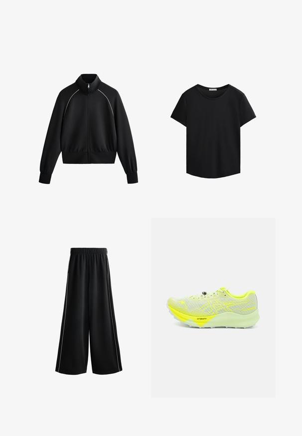 Černá sportovní bunda na zip s vysokým límcem, žebrovanými manžetami a pasem. Obsahuje bílý lem podél ramen a hladkou, texturovanou tkaninu.; Černé tričko s krátkým rukávem a kulatým výstřihem, s perforovanými síťovinovými detaily na ramenou. Hladká tkanina, volný střih, zaoblený lem.; Černé široké kalhoty s elastickým pasem, se bílým bočním lemováním a hladkým, lehkým materiálem. Ideální pro každodenní nošení.; Lehká běžecká obuv, síťovaný svršek v světle šedé barvě s neonově žlutými akcenty, strukturovaná mezipodešev a gumová podešev s protiskluzovým vzorem.