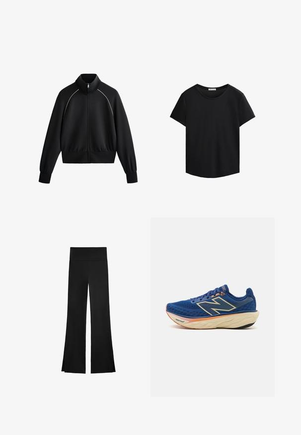 Čierna atletická zipsová bunda s vysokým golierom, rebrovanými manžetami a pásom. Obsahuje biele lemovanie pozdĺž ramien a hladký, textúrovaný materiál.; Čierne tričko s krátkym rukávom, okrúhlym dekoltom a perforovanými sieťovanými detailmi na pleciach. Hladká tkanina, uvoľnený strih, zaoblený lem.; Čierne nohavice so širokým strihom, s vysokým pásom a bočnými rozparkami pre ľahký pohyb. Vyrobené z hladkého, elastického materiálu.; Modré bežecké topánky so priedušnou sieťovinou, polstrovaným krkom a tlmiacou podrážkou s oranžovým akcentom. Viditeľné logo "Fresh Foam".