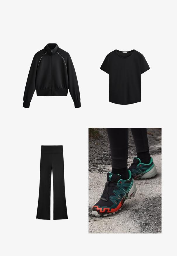 Black athletic zip-up jacket with high collar, ribbed cuffs, and waistband. Features white piping along shoulders and a smooth, textured fabric.; Black short-sleeved T-shirt with a round neckline and perforated mesh detailing on the shoulders. Smooth fabric, relaxed fit, curved hem.; Black pants with a wide-leg design, featuring a high waistband and side slits for ease of movement. Made from a smooth, stretchy fabric.; Salomon SPEEDCROSS 6 GTX - Trail running shoes - black/electric green/cherry tomato