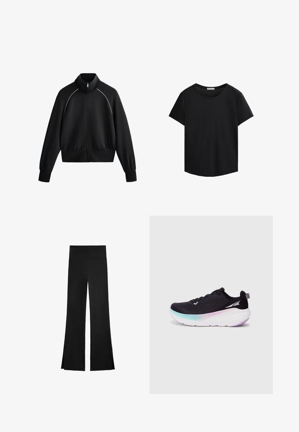 Schwarze sportliche Zip-up-Jacke mit hohem Kragen, gerippten Bündchen und Taillenbund. Mit weißen Paspeln entlang der Schultern und einem glatten, strukturierten Stoff.; Schwarzes T-Shirt mit kurzen Ärmel und Rundhalsausschnitt, mit durchbrochener Mesh-Besatzung an den Schultern. Glatte Stoffqualität, lockere Passform, abgerundeter Saum.; Schwarze Hose mit weitem Bein, ausgestattet mit einem hohen Bund und seitlichen Schlitzen für zusätzliche Bewegungsfreiheit. Hergestellt aus einem glatten, elastischen Stoff.; Schwarzer Laufschuh mit einem leichten Mesh-Obermaterial, einer Farbverlaufssohle, die von Hellblau zu Lila übergeht, und reflektierenden Akzenten.