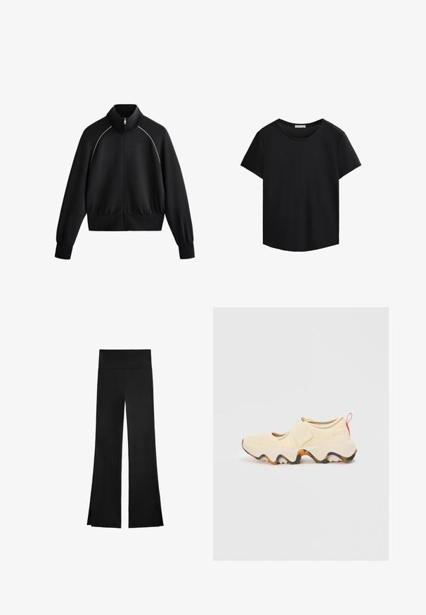 Schwarze sportliche Zip-up-Jacke mit hohem Kragen, gerippten Bündchen und Taillenbund. Mit weißen Paspeln entlang der Schultern und einem glatten, strukturierten Stoff.; Schwarzes T-Shirt mit kurzen Ärmel und Rundhalsausschnitt, mit durchbrochener Mesh-Besatzung an den Schultern. Glatte Stoffqualität, lockere Passform, abgerundeter Saum.; Schwarze Hose mit weitem Bein, ausgestattet mit einem hohen Bund und seitlichen Schlitzen für zusätzliche Bewegungsfreiheit. Hergestellt aus einem glatten, elastischen Stoff.; Hellbeige Slippers mit strukturiertem Obermaterial, verstellbarem Riemen, robuster Gummisohle in Weiß mit orangefarbenen Akzenten und einer roten Zuglasche.