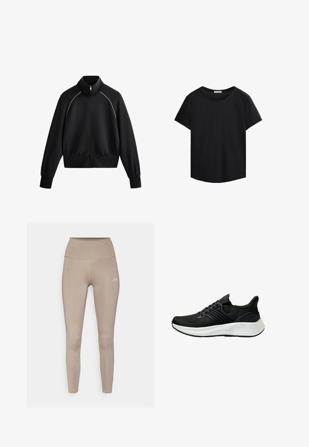 Sort atletisk zip-jakke med høj krave, ribbede manchetter og talje. Har hvid piping langs skuldrene og et glat, tekstureret stof.; Sort kortærmet T-shirt med rund halsudskæring og perforeret mesh-detaljer på skuldrene. Glat stof, afslappet pasform, buet bund.; Beige højtaljede leggings lavet af strækbart materiale, med en diskret logoaccent og en glat, mat overflade.; Sort træningssko med en struktureret overdelsstof, snøringssystem og en hvid mellemsål. Har en lav profil og buet således design.