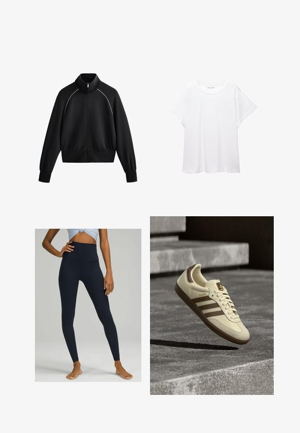 Schwarze sportliche Zip-up-Jacke mit hohem Kragen, gerippten Bündchen und Taillenbund. Mit weißen Paspeln entlang der Schultern und einem glatten, strukturierten Stoff.; Weißes T-Shirt aus weichem, leichtem Stoff. Mit runder Halslinie und kurzen, weit geschnittenen Ärmeln für einen lässigen Sitz. Keine sichtbaren Muster.; Hoch taillierte marineblaue Leggings aus dehnbarem Stoff. Elegantes Design mit glatter Textur und körpernahem Schnitt, der bis zum Knöchel reicht.; Sneaker in Cremefarbe mit braunen Akzenten, strukturierten seitlichen Streifen und glattem Lederfinish. Verfügt über ein Schnürdesign und eine Gummisohle.