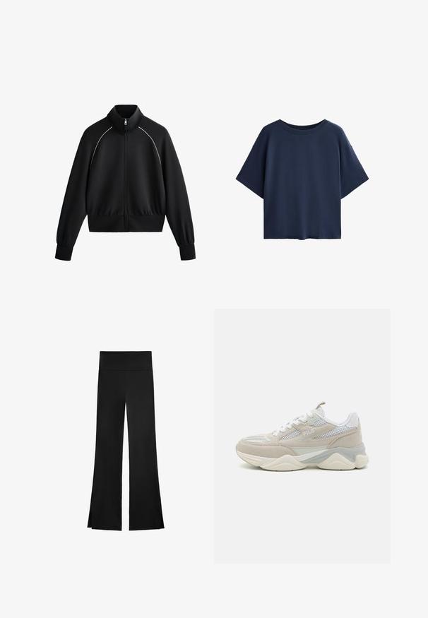 Black athletic zip-up jacket with high collar, ribbed cuffs, and waistband. Features white piping along shoulders and a smooth, textured fabric.; Navy blue t-shirt with a loose fit, short sleeves, round neckline, and soft cotton texture. Features a simple, unembellished design.; Black pants with a wide-leg design, featuring a high waistband and side slits for ease of movement. Made from a smooth, stretchy fabric.; Beige and white sneakers made of suede and mesh, featuring a chunky sole, lace-up design, and a logo on the side.