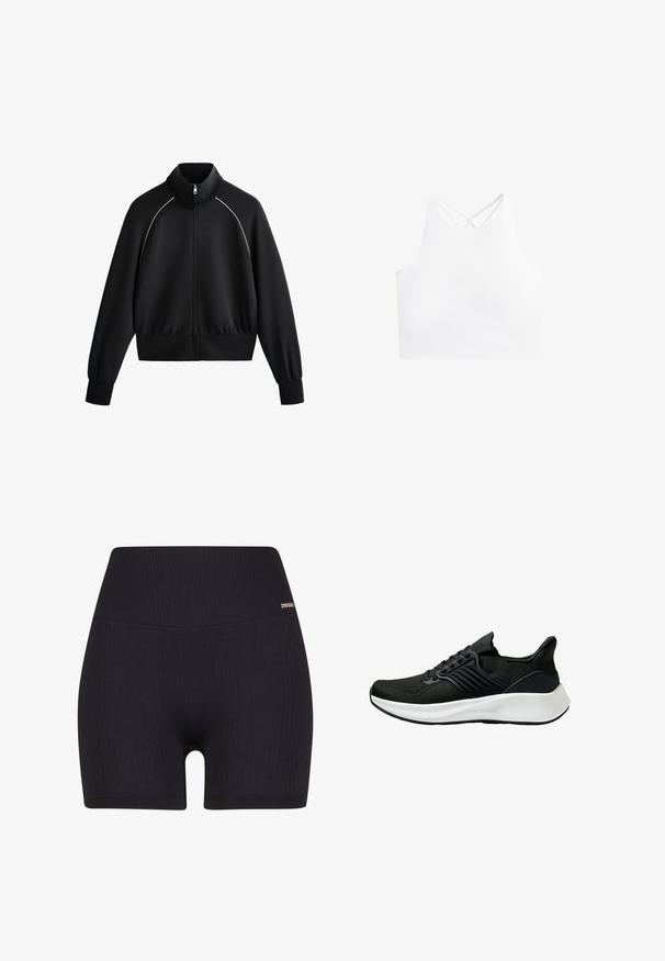 Černá sportovní bunda na zip s vysokým límcem, žebrovanými manžetami a pasem. Obsahuje bílý lem podél ramen a hladkou, texturovanou tkaninu.; Bílý sportovní crop top s vysokým výstřihem a dvojitými křížovými ramínky na zádech, vyrobený z hladké a elastické tkaniny.; Černé žebrované kraťasy s vysokým pasem a hladkou strukturou. Design obsahuje diskrétní akcent značky na pasu.; Černá sportovní obuv s texturovaným svrchním materiálem, šněrovacím systémem a bílou mezipodrážkou. Má nízký profil a zakřivený design podešve.