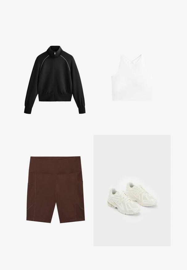 Čierna atletická zipsová bunda s vysokým golierom, rebrovanými manžetami a pásom. Obsahuje biele lemovanie pozdĺž ramien a hladký, textúrovaný materiál.; Biely športový crop top s vysokým výstrihom a dvojitými krížovými ramienkami na chrbte, vyrobený z hladkej, elastickej textílie.; Hnedé športové šortky vyrobené z hladkej tkaniny, s vysokým pásom, bočnými vreckami a kontrastnými švami.; Biele športové topánky vyrobené z mäkkej sieťoviny a syntetických materiálov, dizajn na šnurovanie, polstrovaný golier a textúrová podrážka pre lepšiu trakciu. Ľahká konštrukcia.